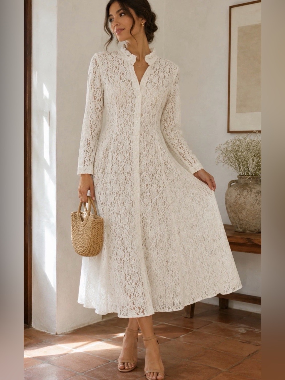 Vintage 80/90s Dawn Joy Fashions White Floral Lace Maxi Dress Duster Size 12